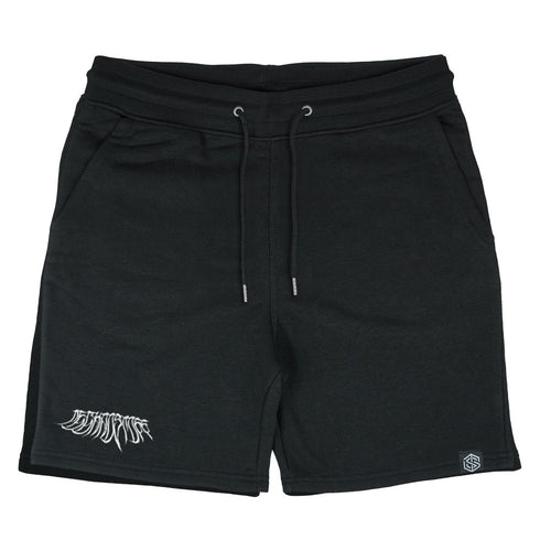 schwarze Techno Shorts und kurze Hose mit Decay Motiv flach von vorne, weißer Hintergrund